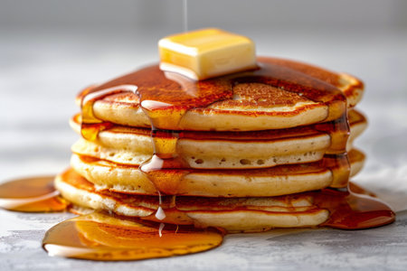 A stack of golden brown pancakes topped with butter and drizzled with maple syrup, ready to be enjoyed.の素材