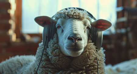 A close-up portrait of a white sheep wearing large, black headphones.の素材