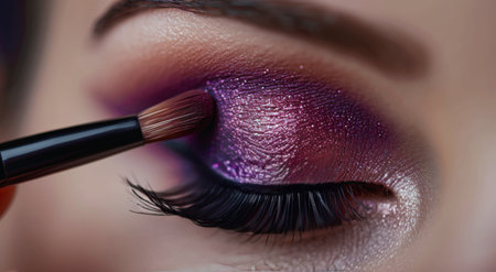 A close-up photo showing a womans eye with purple shimmer eyeshadow being applied with a makeup brush.の素材