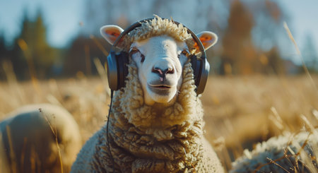 A close-up portrait of a white sheep wearing large, black headphones.の素材