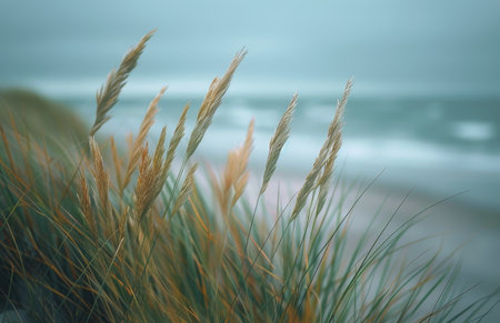 A close-up of seagrass swaying in the wind on a sandy beach with the ocean in the background.の素材
