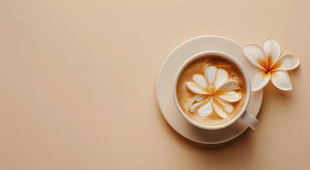 A white daisy rests atop the creamy foam of a latte in a white mug on a matching saucer.の素材