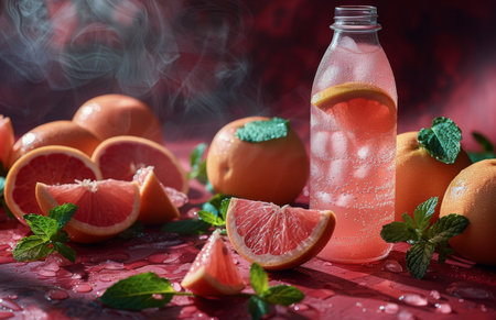 A glass bottle of pink grapefruit beverage sits on a table with fresh pink grapefruit slices and whole fruit, bathed in warm sunlight.の素材