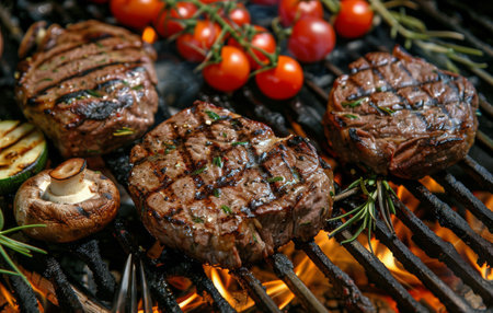 A close-up image of a charcoal grill with grilled steak, sausage, and vegetables.の素材