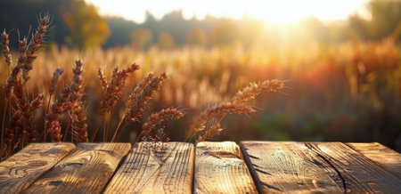 A wooden tabletop with tall grass in the foreground, a field of golden wheat in the background, and a setting sun creating a warm, golden light.の素材