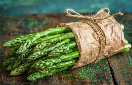 A bunch of fresh green asparagus spears are wrapped in brown paper and tied with twine, resting on a rustic wooden surface.の素材
