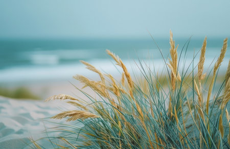 A close-up of seagrass swaying in the wind on a sandy beach with the ocean in the background.の素材