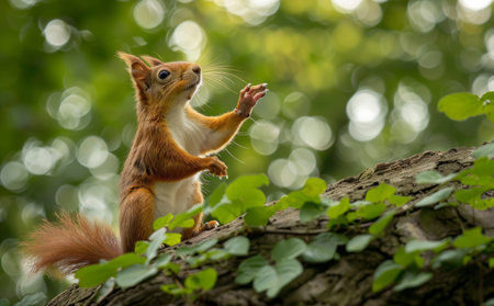 A red squirrel stands on a tree branch in a forest, with its front paws raised, looking up.の素材