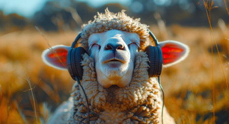 A close-up portrait of a white sheep wearing large, black headphones.の素材
