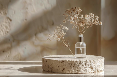 A glass bottle of perfume sits on a stone platform, surrounded by dried flowers. Natural light casts shadows on the scene.の素材