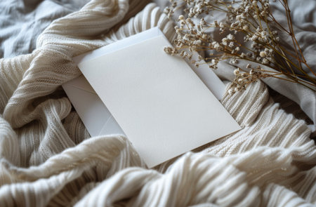 A blank white envelope lies on a textured knit fabric with dried flowers nearby.の素材