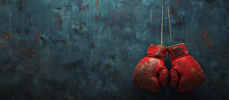 A pair of red boxing gloves hang on a textured blue wall, ready for the next match.の素材