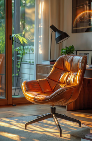 A brown leather chair with black legs sits in a living room with sunlight streaming through a window.の素材