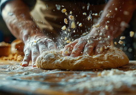 Closeup of hands flouring dough with white powder.の素材