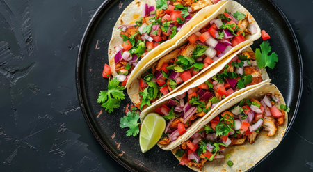 Close-up image of five delicious ground beef tacos with fresh toppings on a black plate.の素材