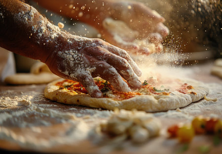 Closeup of hands flouring dough with white powder.の素材