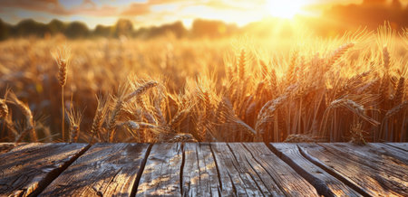 A scenic view of a golden wheat field at sunset, with a weathered wooden plank in the foreground.の素材