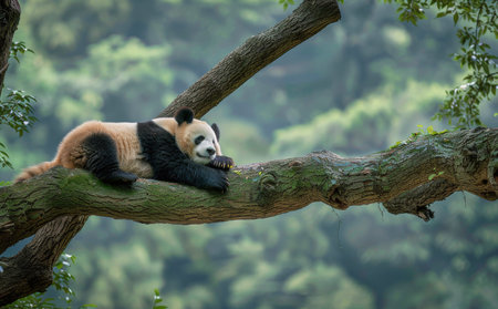 A giant panda naps peacefully on a tree branch in a vibrant green forest, illuminated by warm sunlight.の素材