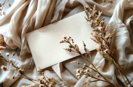 A blank white envelope lies on a textured knit fabric with dried flowers nearby.の素材