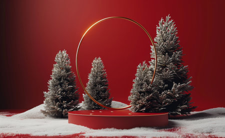 A red platform with snowy pine trees and a golden circle against a red backdrop.の素材