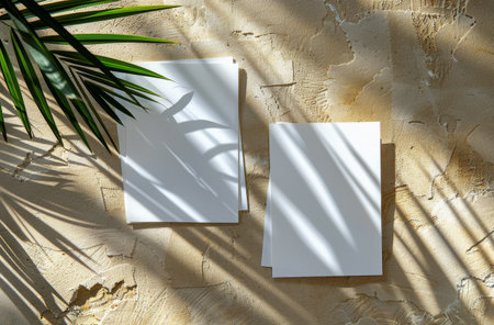 Two blank white papers lay on beige fabric with palm leaf shadows, providing a clean, natural background for product photography or design mockups.の素材