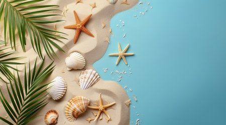A flat lay image of seashells and starfish scattered on blue sand with palm leaves on either side.の素材