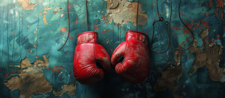 Two red boxing gloves hang from a textured blue wall.の素材