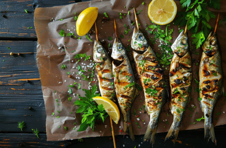 Close-up shot of five grilled fish skewers with lemon and parsley on brown paper.の素材