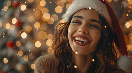 A young woman wearing a Santa hat laughs with her mouth wide open, standing near a Christmas tree with warm, glowing lights.の素材