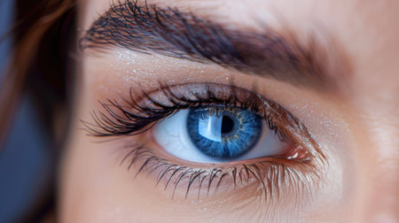 A close-up image of a womans blue eye with long, dark eyelashes. The eye is looking off to the side, and the light catches the eyelashes and the surface of the eye, creating a sparkling effect.の素材