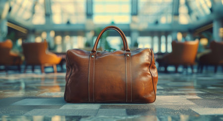 A brown leather travel bag sits on the floor in an airport lobby.の素材