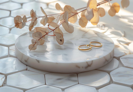 A close-up image of a white marble tray with two gold rings and a dried eucalyptus branch on a surface of white hexagonal tiles.の素材