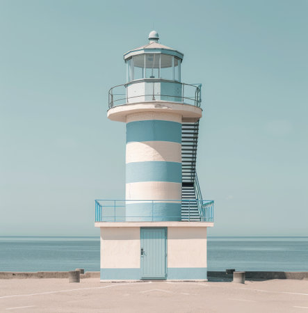 A white lighthouse with a blue band stands on a sandy beach, facing the ocean.の素材