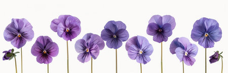 Nine purple pansies are arranged in a row, their delicate petals facing the viewer, against a clean white background.の素材