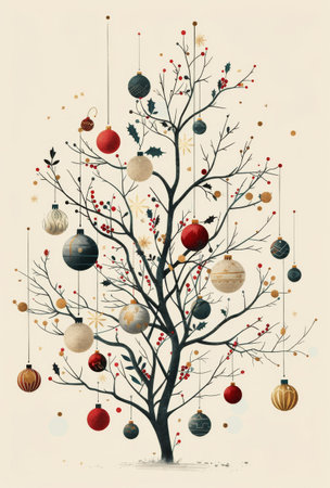A bare tree decorated with colorful Christmas ornaments, standing against a white background.の素材
