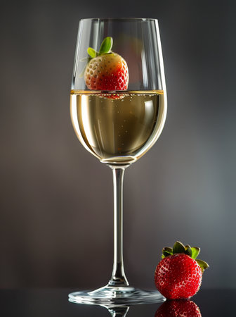 A single glass of white wine with a whole strawberry submerged inside.の素材