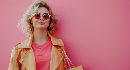 A woman with long, blonde hair smiles while wearing pink sunglasses and a pink sweater, standing against a pink wall.の素材