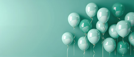 White and teal balloons float in a green room, with many small white orbs scattered around.の素材