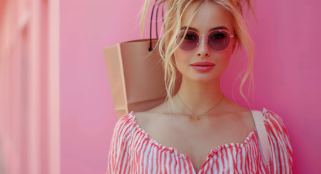 A young woman with long blonde hair wearing pink sunglasses smiles at the camera against a pink backdrop.の素材