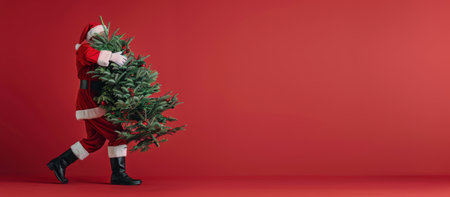 Santa Claus is walking across a red backdrop, carrying a Christmas tree.の素材
