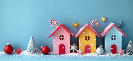 Five miniature houses decorated with candy canes, surrounded by snow and miniature Christmas trees.の素材