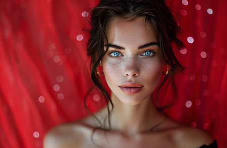 A young woman with dark hair and blue eyes poses in front of a red wall, with spots of light shining on her face.の素材