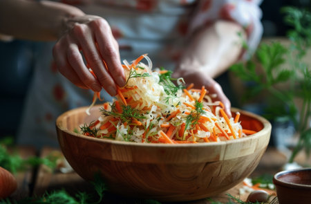 A person's hand adds sprigs of fresh dill and parsley to a large bowl of shredded cabbage and carrot salad.の素材