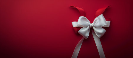 A white satin bow sits on a red background.の素材