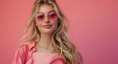 A young woman with long blonde hair wearing pink sunglasses smiles at the camera against a pink backdrop.の素材