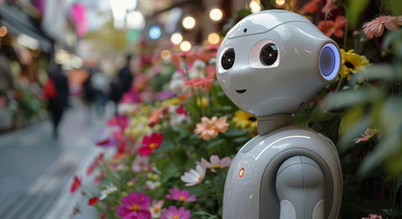 A white robot stands in a garden, its head tilted down as if observing the bright flowers and greenery around it.の素材
