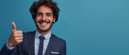 A man in a suit gives a thumbs up and smiles while standing in front of a light blue background.の素材