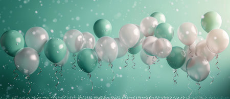 White and teal balloons float in a green room, with many small white orbs scattered around.の素材