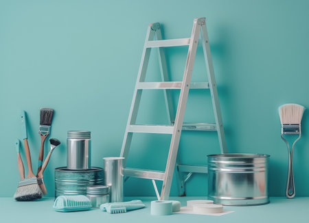 A silver ladder stands next to a teal wall, surrounded by paint brushes, paint cans, and other painting supplies.の素材