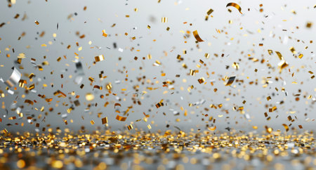 Gold and silver confetti falls from the top of the frame, settling on a gray surface.の素材